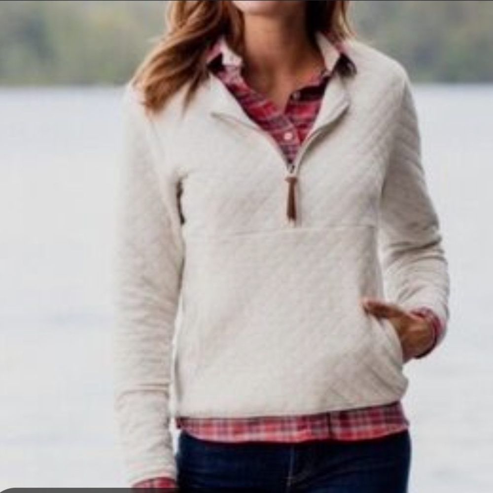 Cream and Red Crew Neck Sweater with Textured Pattern